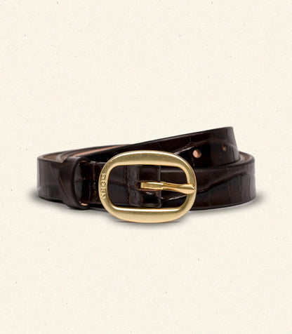 AVI SLIM BELT -- BROWN FAUX CROC