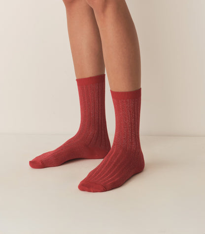 COLLEGIEN GLITTER CREW SOCK -- ROUGE CARMIN