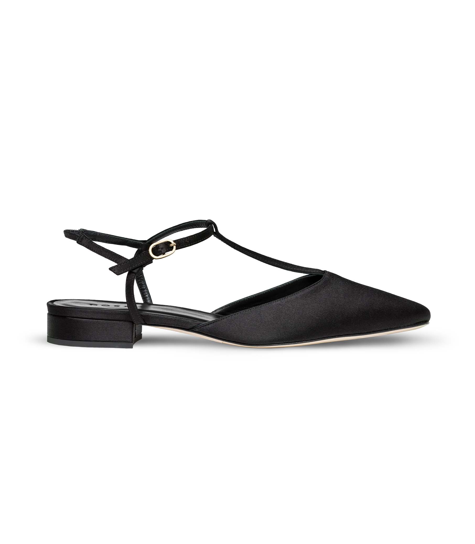 CRISTINA T STRAP FLAT -- BLACK SATIN