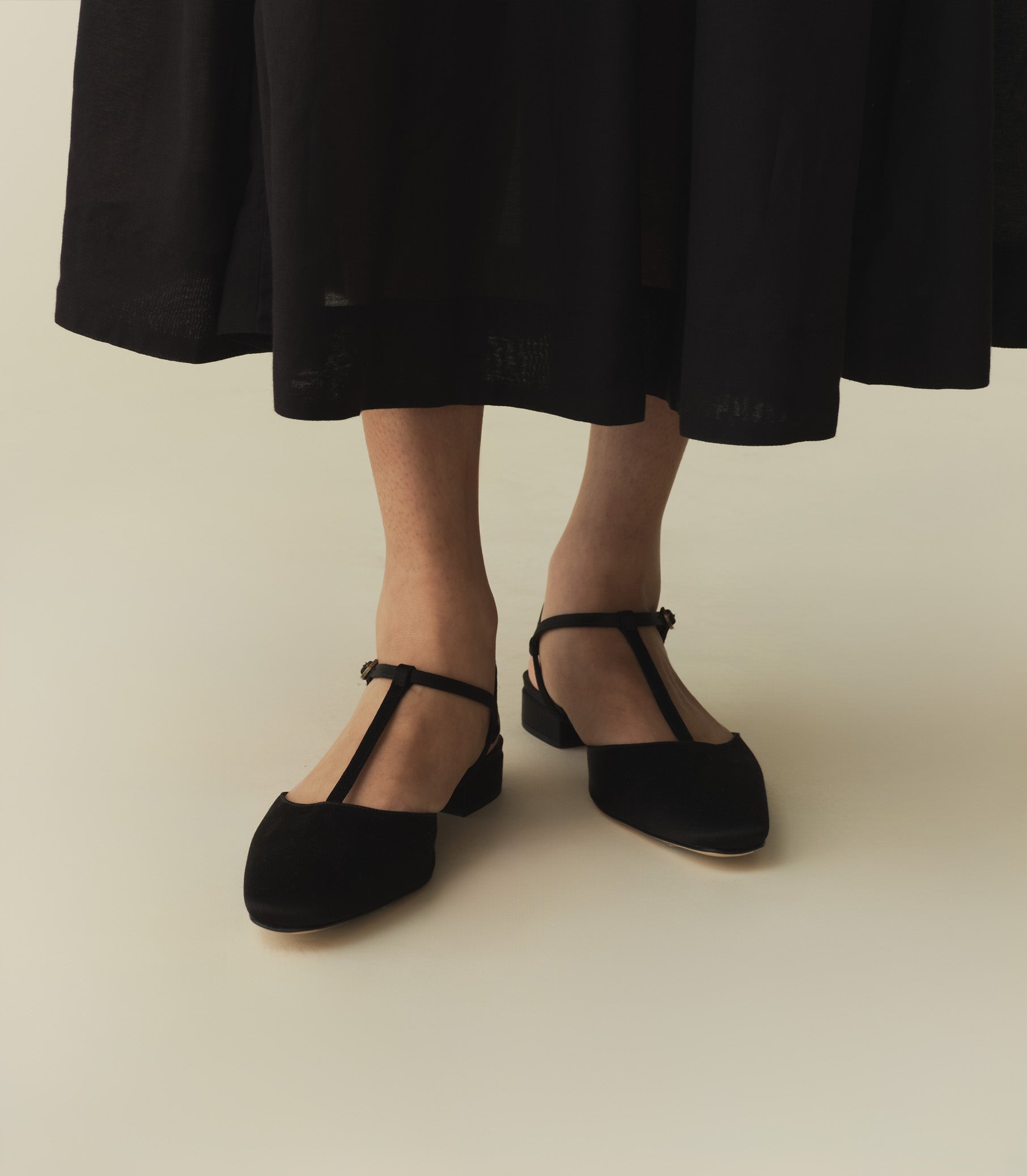 CRISTINA T STRAP FLAT -- BLACK SATIN