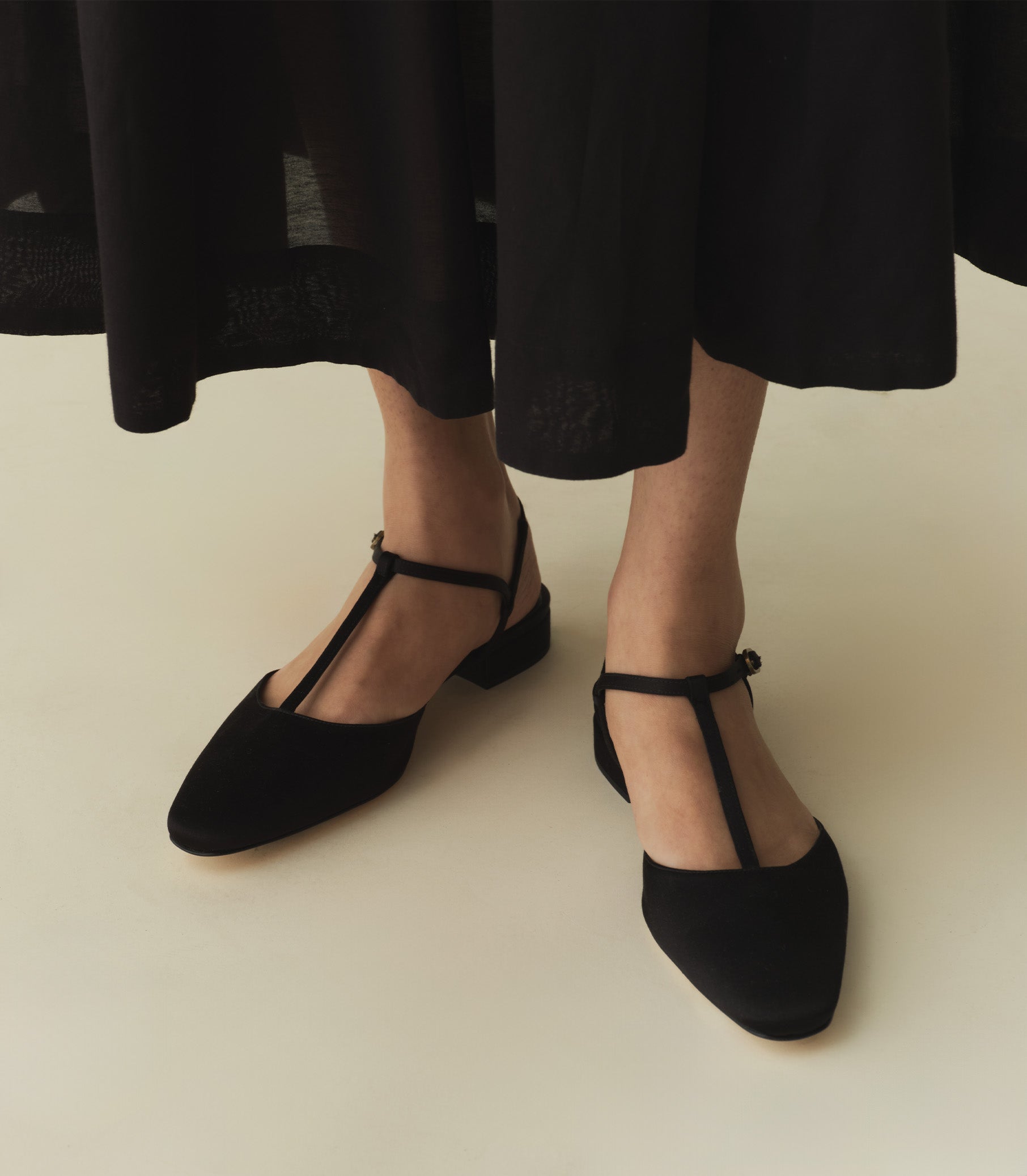 CRISTINA T STRAP FLAT -- BLACK SATIN