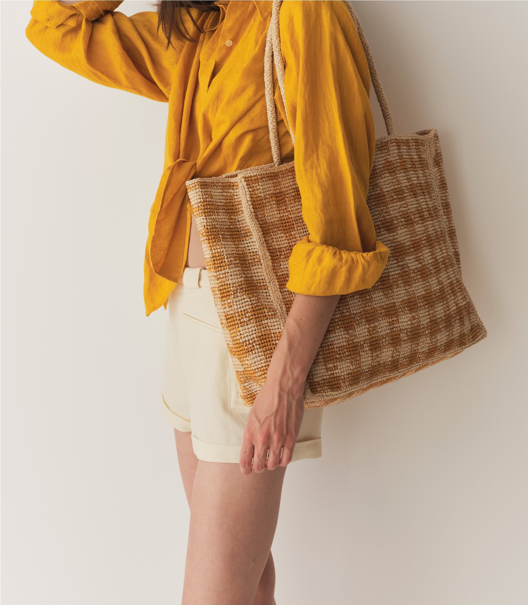 GRANDE MATHILDE BAG -- MUSTARD GINGHAM RAFFIA