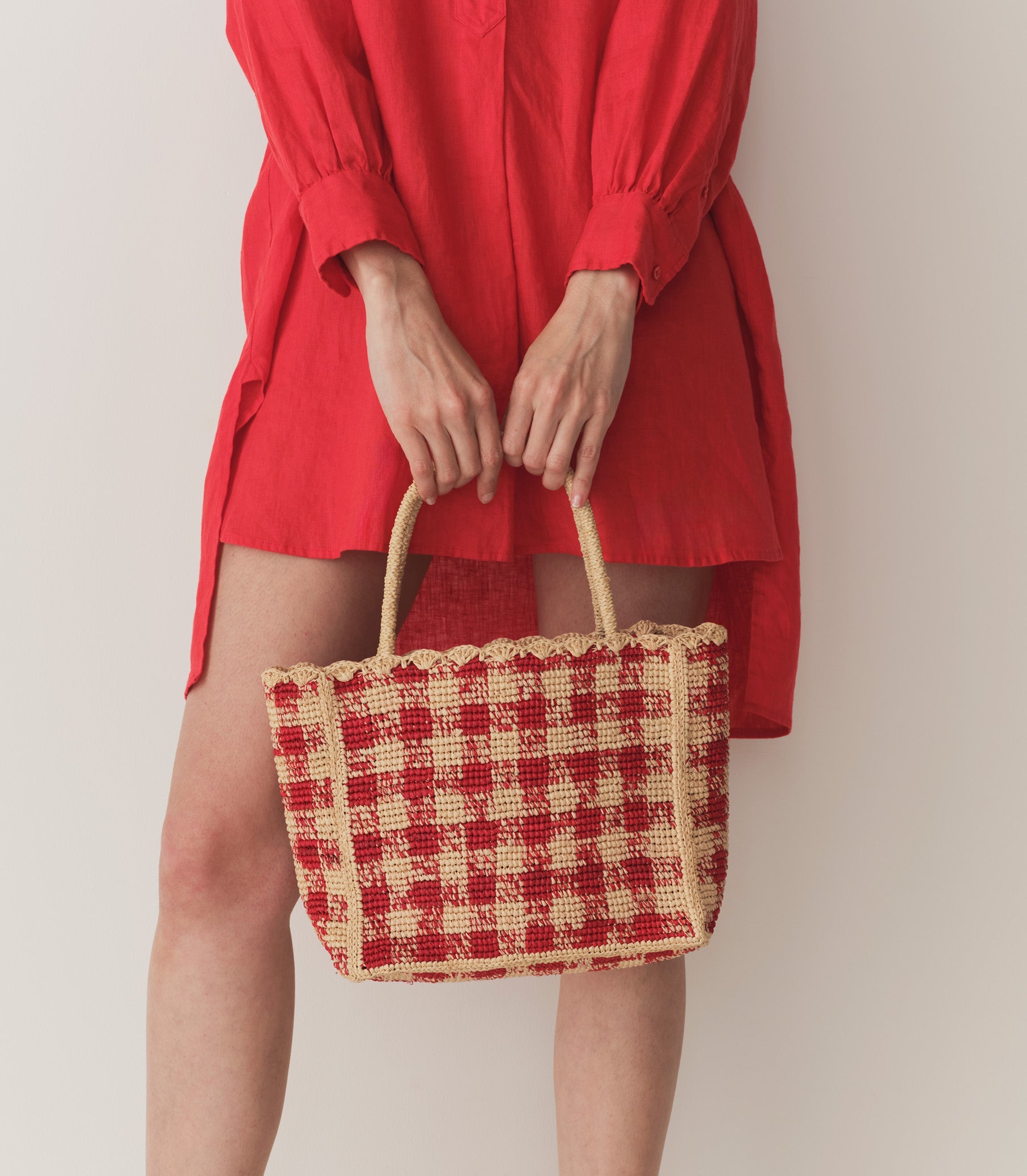 PETITE MATHILDE BAG -- RED GINGHAM RAFFIA