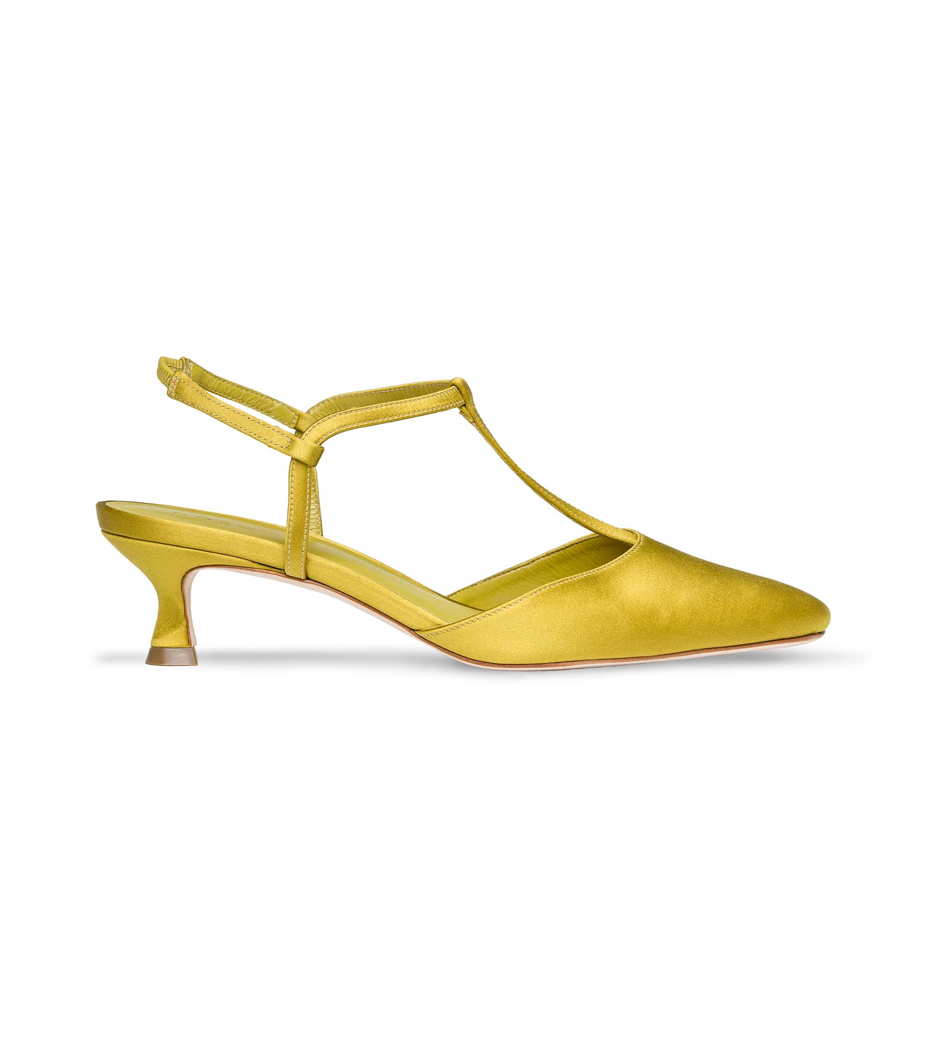 TABITHA T-STRAP HEEL -- GOLDEN PALM SATIN